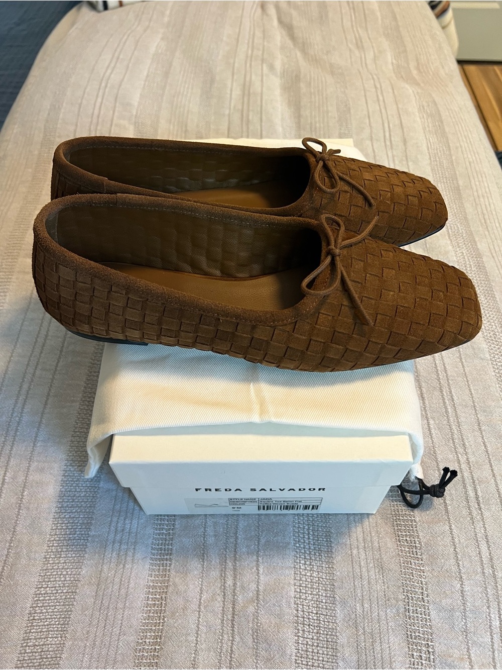 Freda Salvador: Jada Square Toe Ballet Flat - Toffee Woven Suede, size 9 - Picture 2 of 12